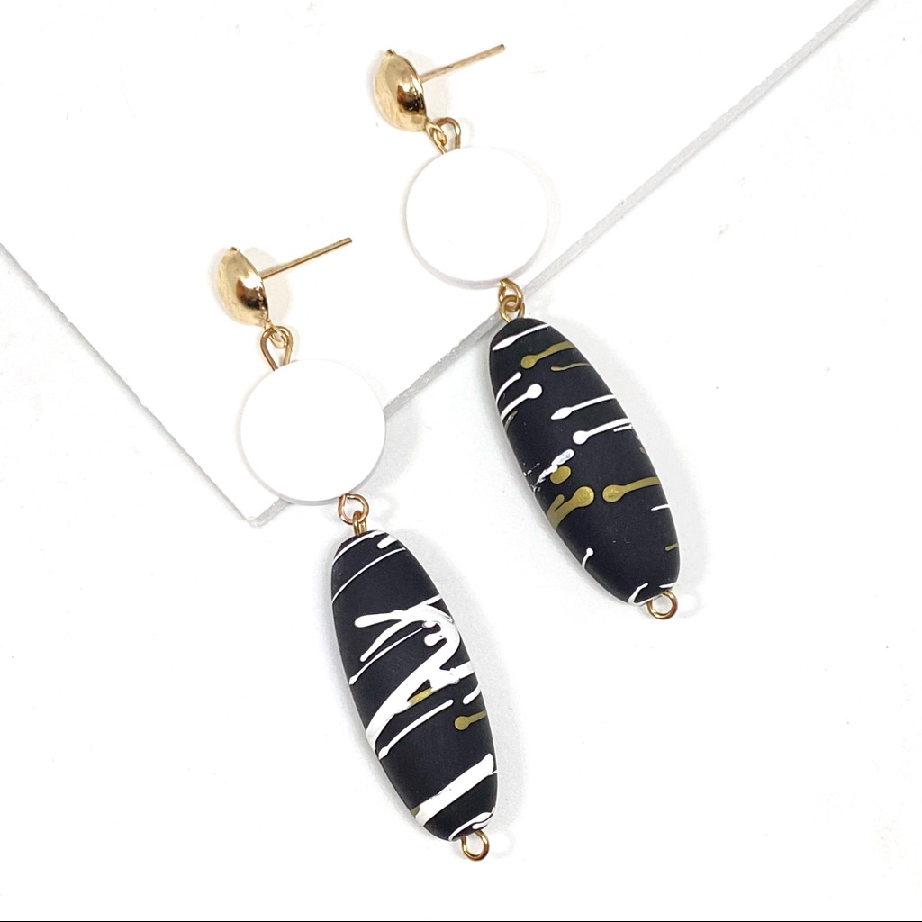 2/$15 Paint Splatter Black And White Beaded Wooden Drop Earrings D32
